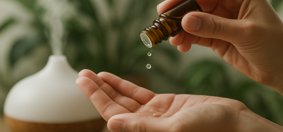 Close-up van een hand met druppels pure etherische olie en een diffuser op de achtergrond – een visuele weergave van natuurlijke rust, aromatherapie en stressverlichting bij overprikkeling.