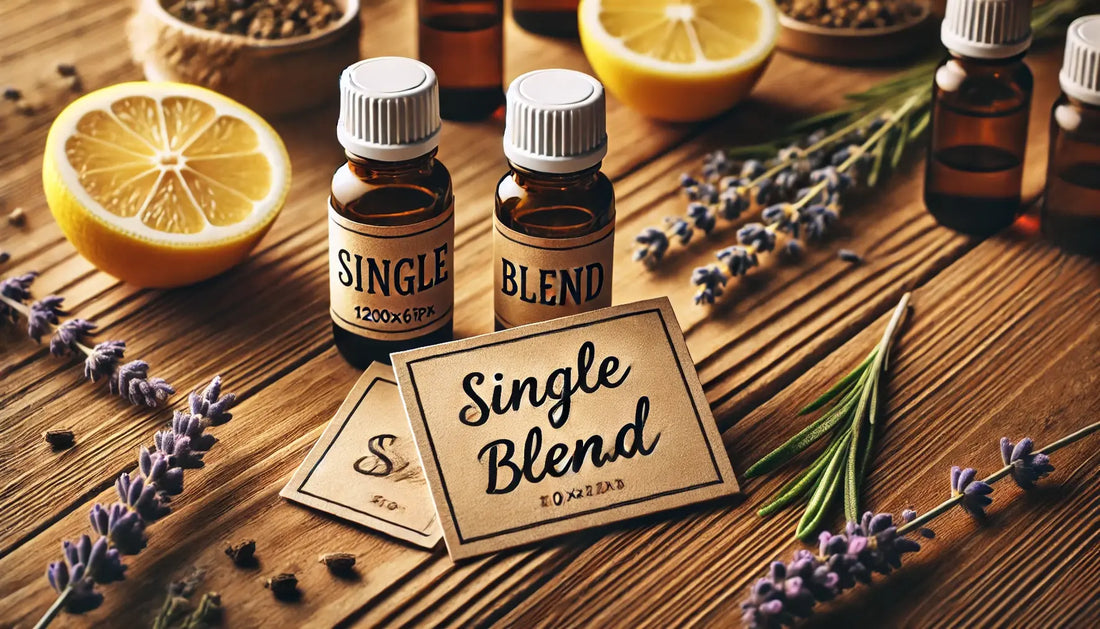 Essentiële oliën op houten plank met kaartjes ‘single’ en ‘blend’