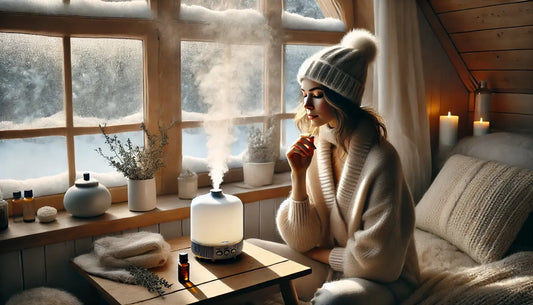 vrouw gebruikt essentiële oliën met diffuser om haar weerstand te versterken in de winter