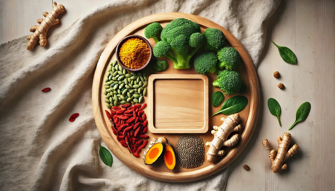 Gojibessen, broccoli en kurkuma op houten bord als epigenetisch voedende voeding