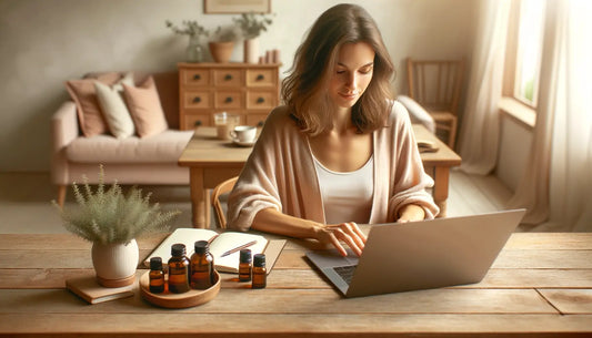 Vrouw werkt op laptop met essentiële oliën op tafel, ontspannen en geïnspireerde sfeer