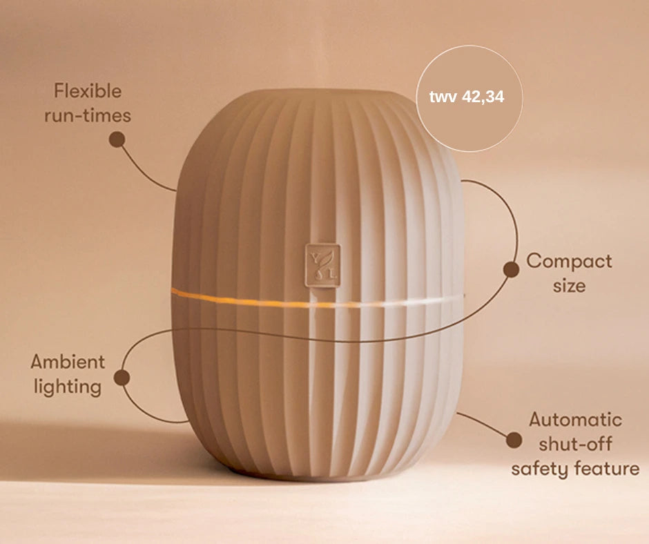 Cactus diffuser in nieuwe kleur met aanduidingen van functies zoals flexibel gebruik, sfeerverlichting, automatische uitschakeling en compact design. Onderdeel van de natuurlijke starterset voor ontspanning en hormonale balans.