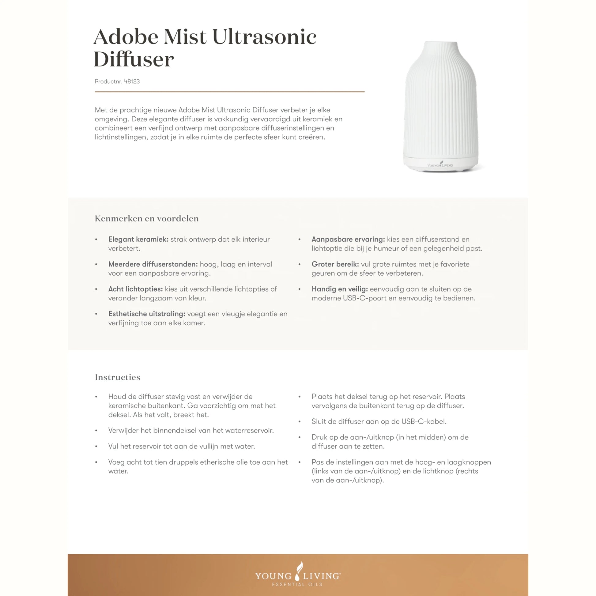 Uitlegblad van de Adobe Mist Ultrasonic Diffuser van Young Living met kenmerken zoals acht lichtstanden en elegante keramische afwerking, perfect voor het creëren van rust bij migraine, stress of overgangsklachten.