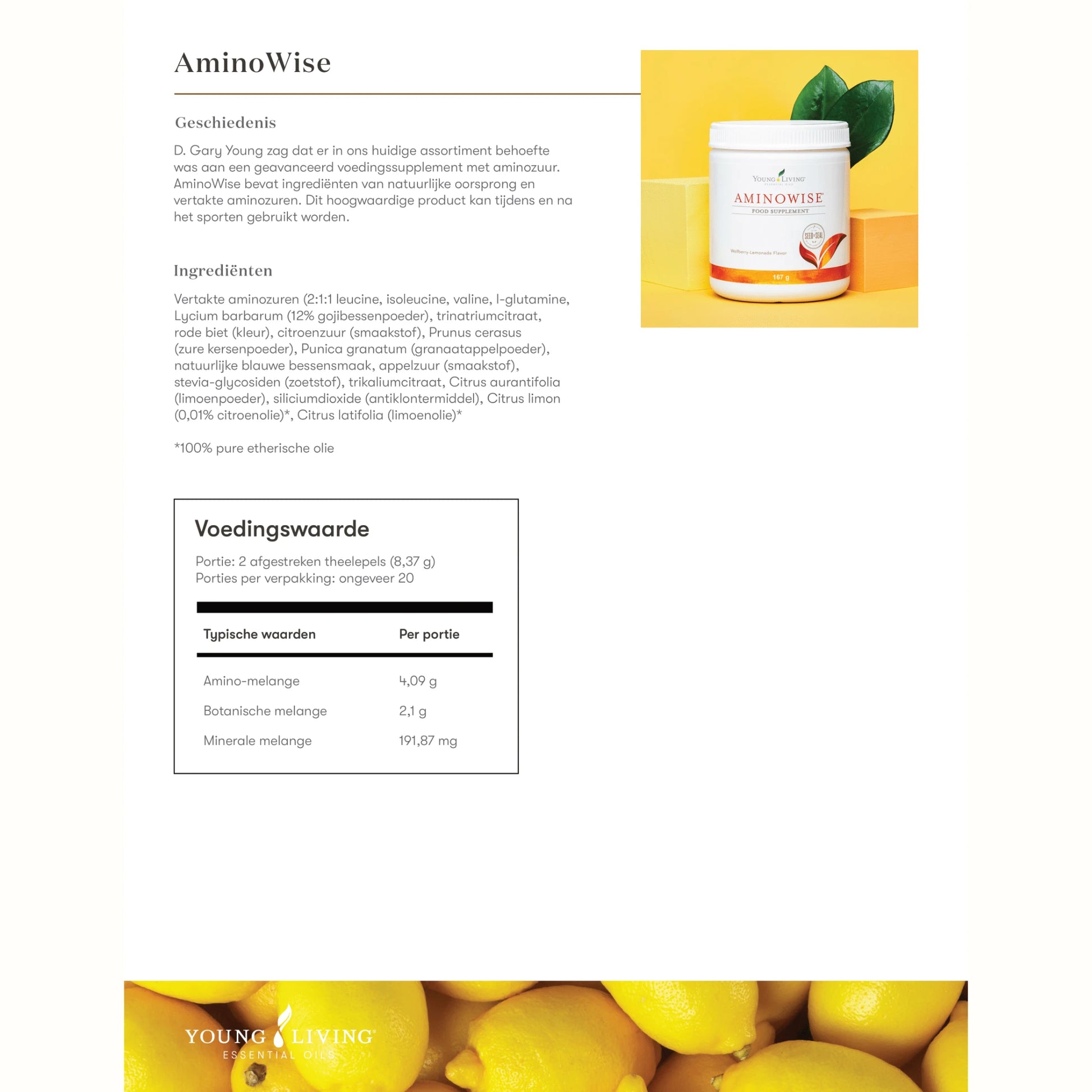 Informatieve afbeelding van AminoWise met ingrediëntenlijst, voedingswaarden en geschiedenis – inzetbaar bij focusproblemen of ADHD bij kinderen.