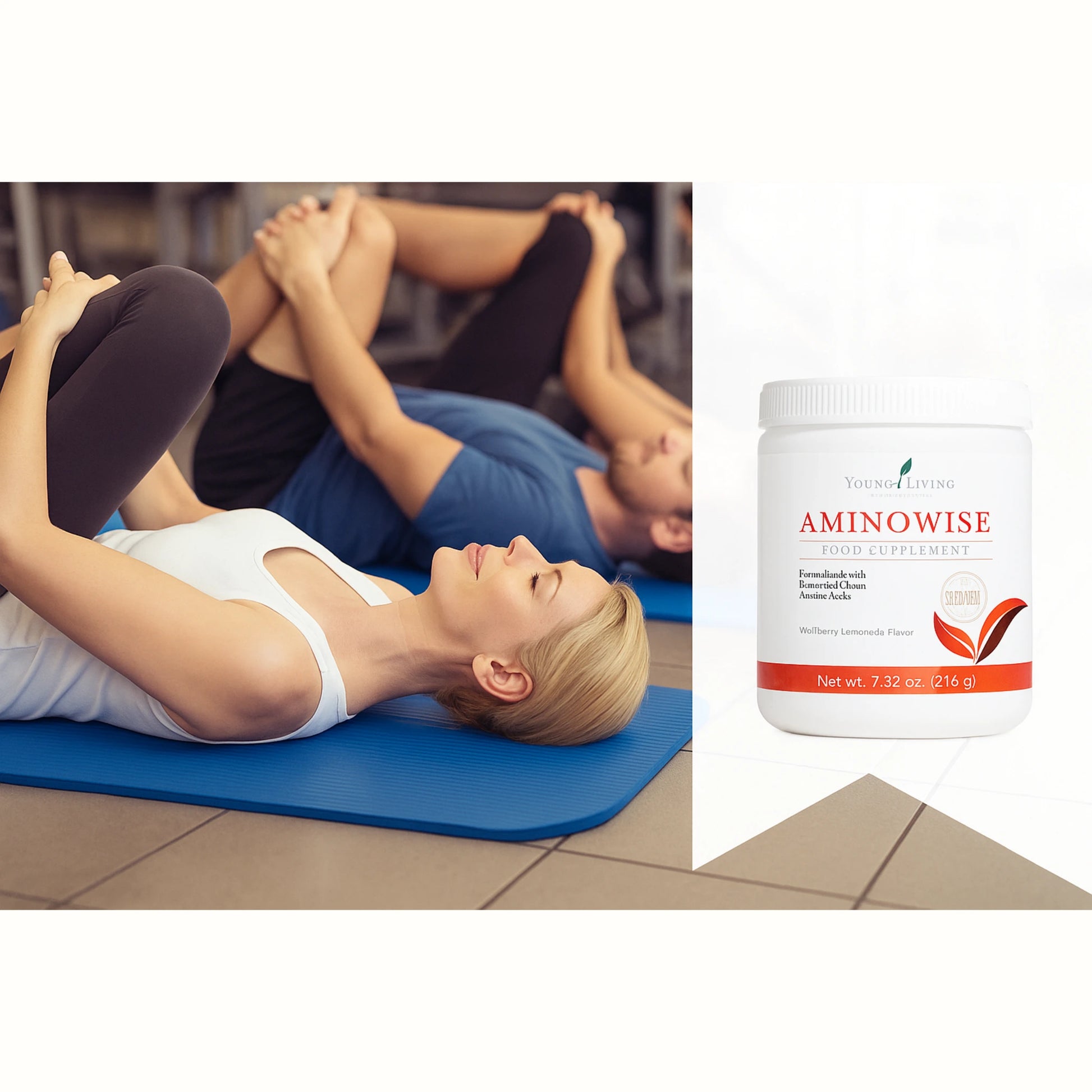 AminoWise supplement van Young Living naast sportende man en vrouw – ideale ondersteuning voor actieve levensstijl, spierherstel en nu in de aanbieding