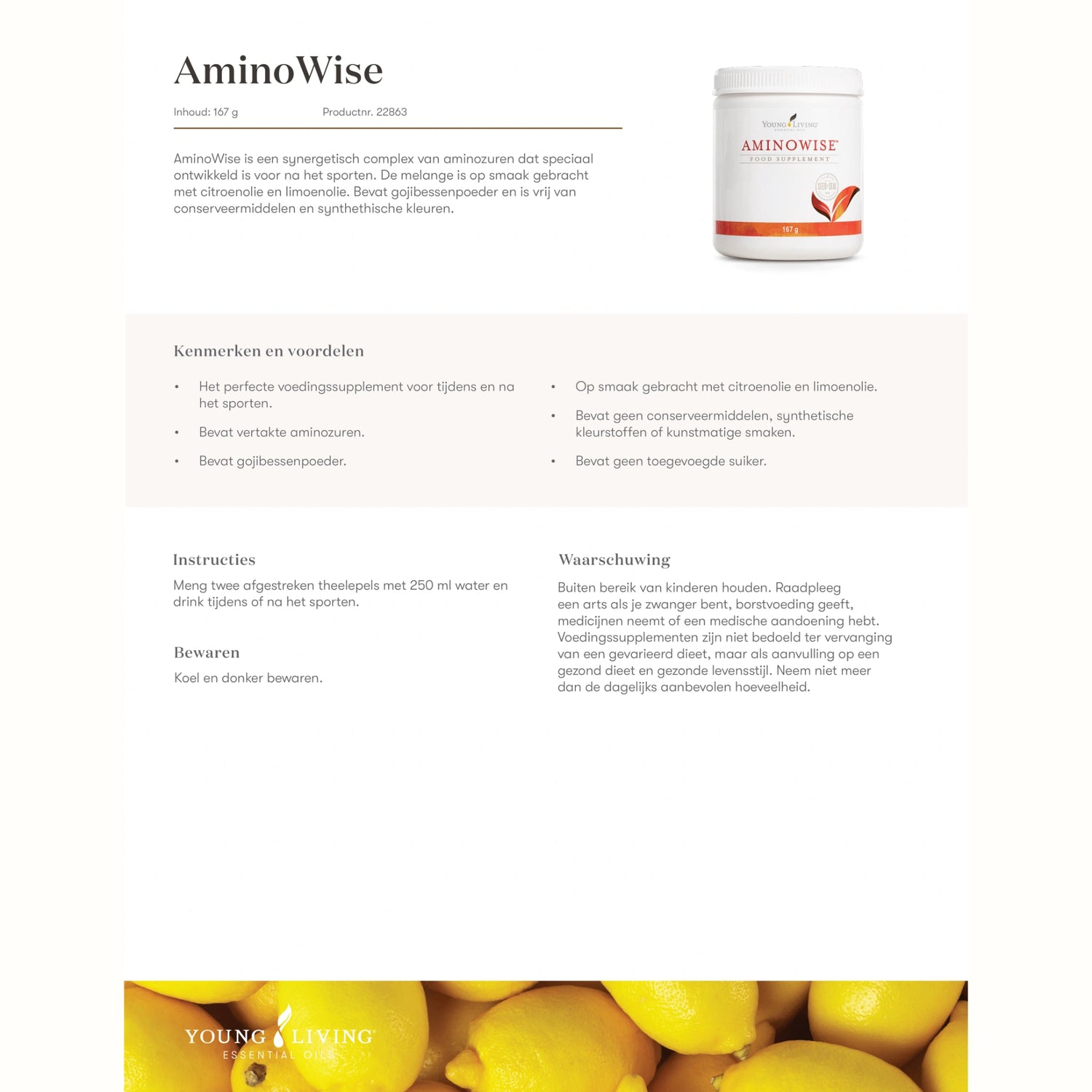 Infographic over AminoWise met productinfo, voordelen en gebruik – ondersteunt focus, breinbalans en concentratie bij ADHD.