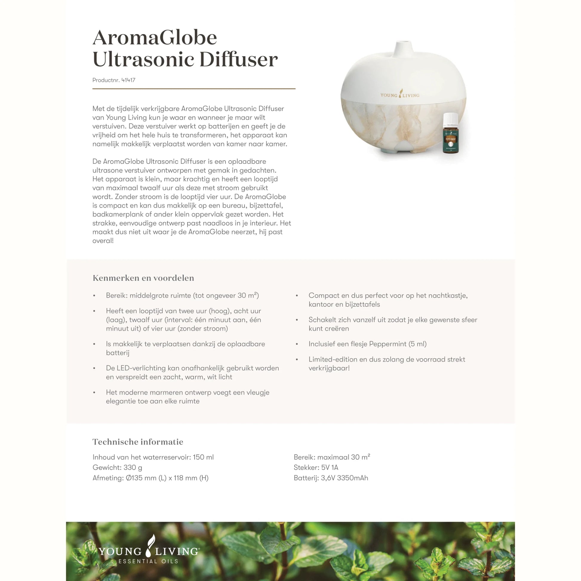 AromaGlobe Ultrasonic Diffuser van Young Living met een flesje Peppermint olie – ideaal voor het natuurlijk ondersteunen van de luchtwegen en het creëren van een frisse, ontspannende sfeer in huis.