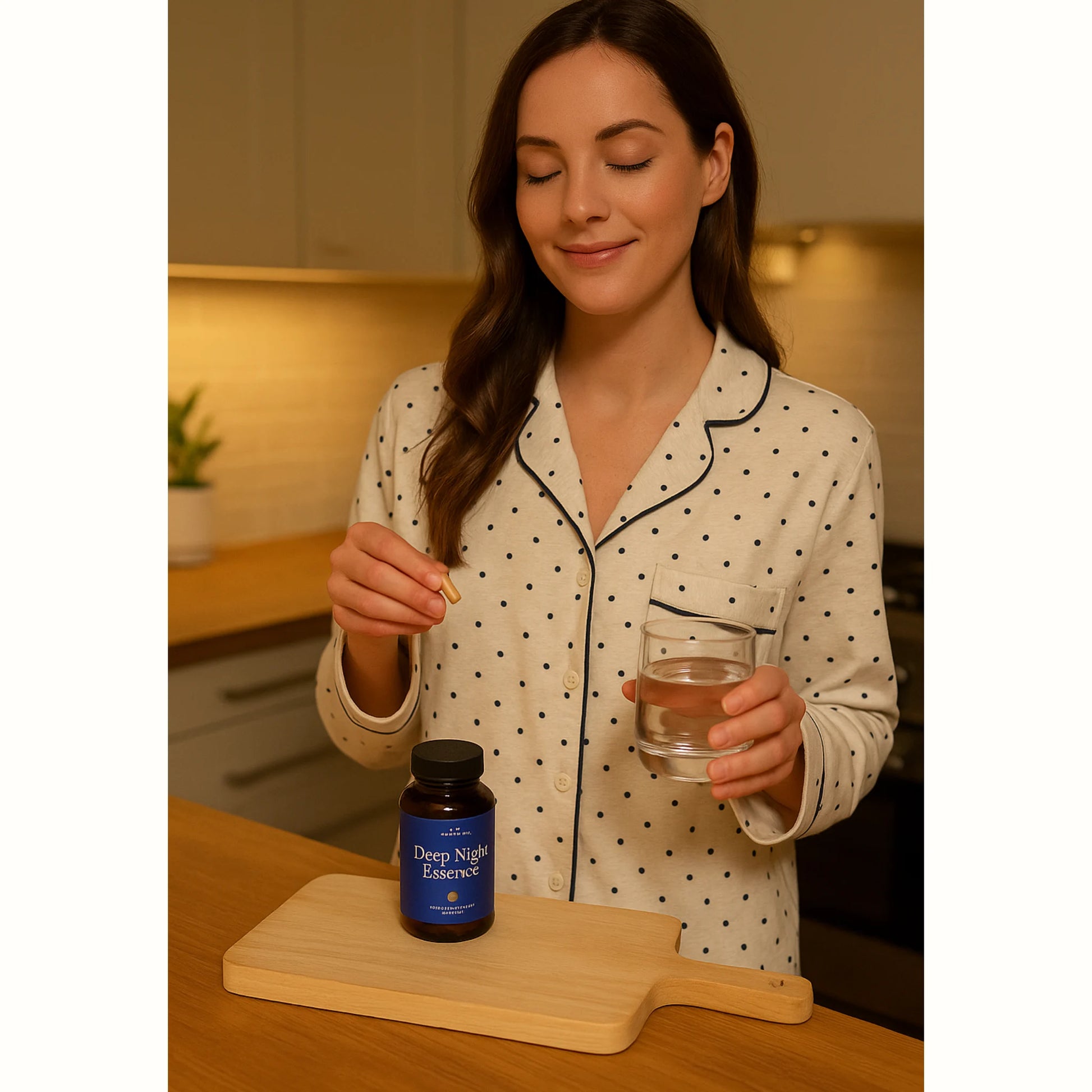 Vrouw neemt Deep Night Essence voor het slapengaan – ideale aanvulling op je avondroutine zonder melatonine, voor HSP of ADHD.