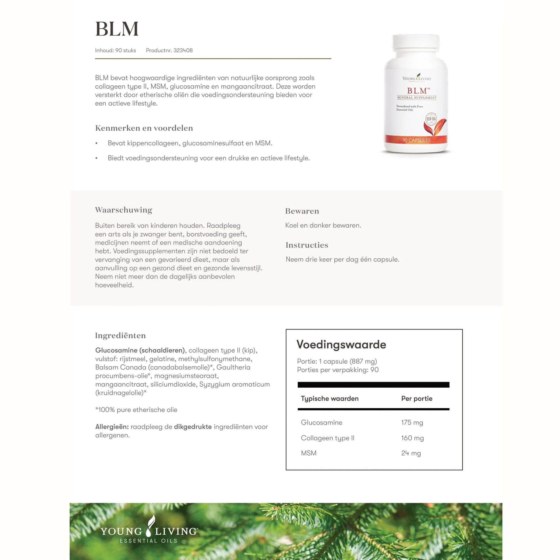 Informatieve afbeelding van BLM met ingrediënten en voedingswaarde – ondersteunt kraakbeen, vermindert pijn en helpt bij ontstekingsherstel.