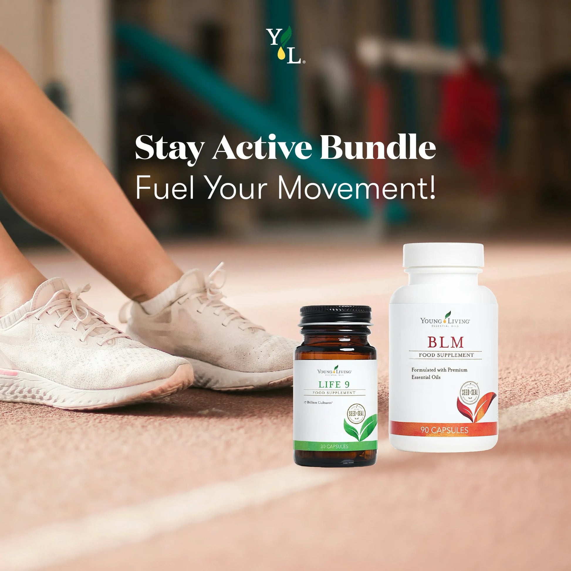 Voedingssupplementen BLM en Life 9 van Young Living in een sportieve setting – ideaal voor sporters met gewrichtspijn of behoefte aan sneller herstel.