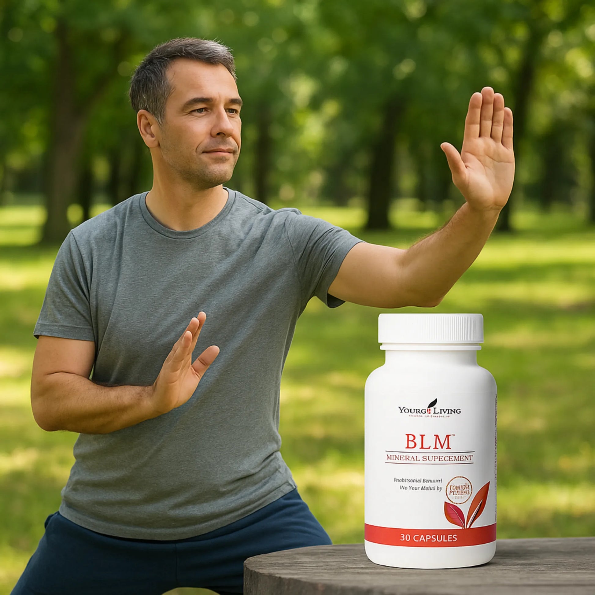 Actieve man boven de 38 met BLM supplement van Young Living – natuurlijk voedingssupplement met collageen type II, glucosamine, MSM en etherische oliën voor soepele gewrichten en een energieke levensstijl.