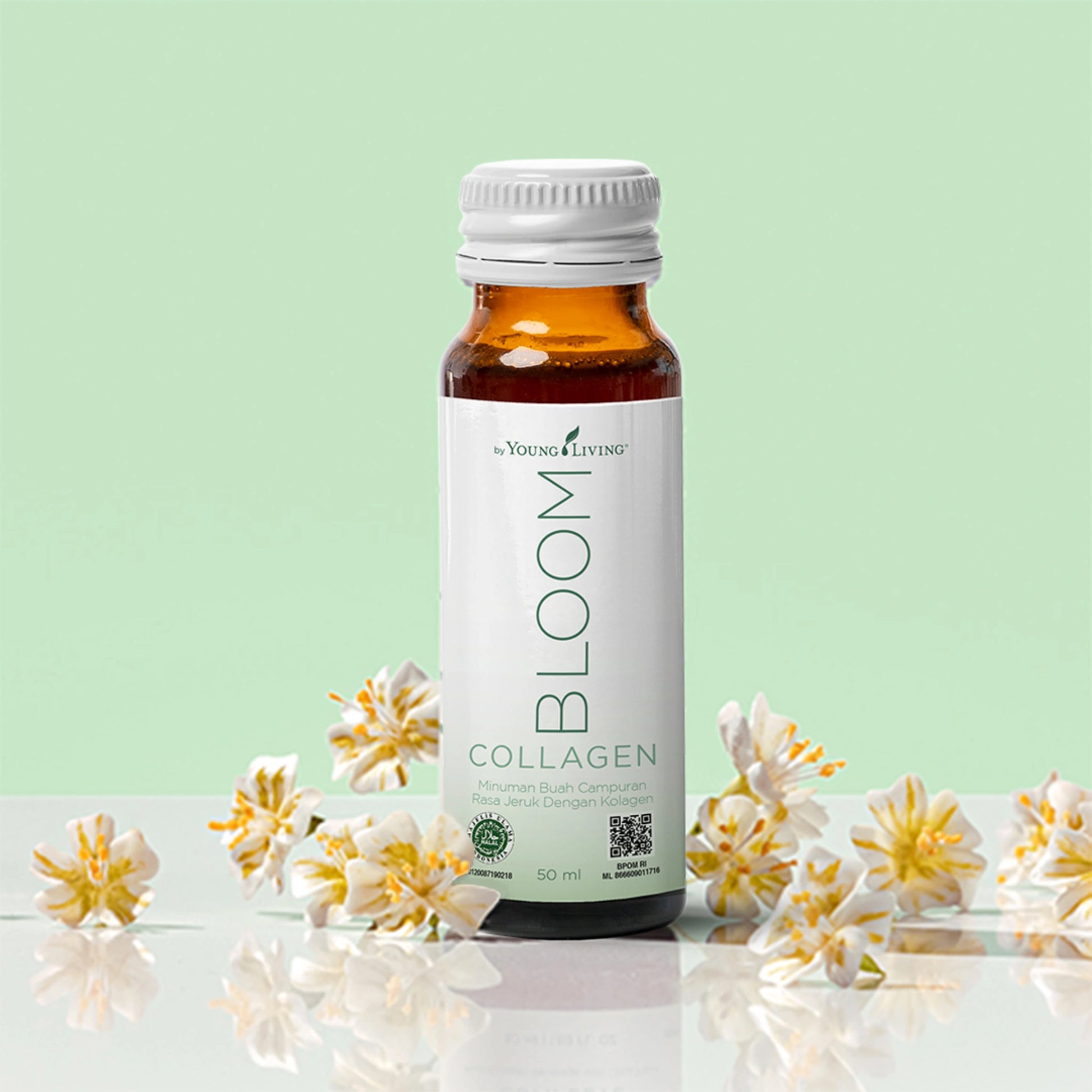 Flesje Bloom Collagen met bloemige styling – krachtige collageenformule met citrus die huidtherapeuten aanraden voor een natuurlijke glow, soepele huid en ondersteuning bij huidbehandelingen.