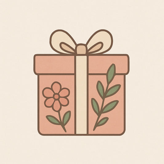 Stijlvolle illustratie van een cadeauproduct met bloemen en bladeren – maandelijkse bonus bij minimale bestelling via Suzanne Shares.