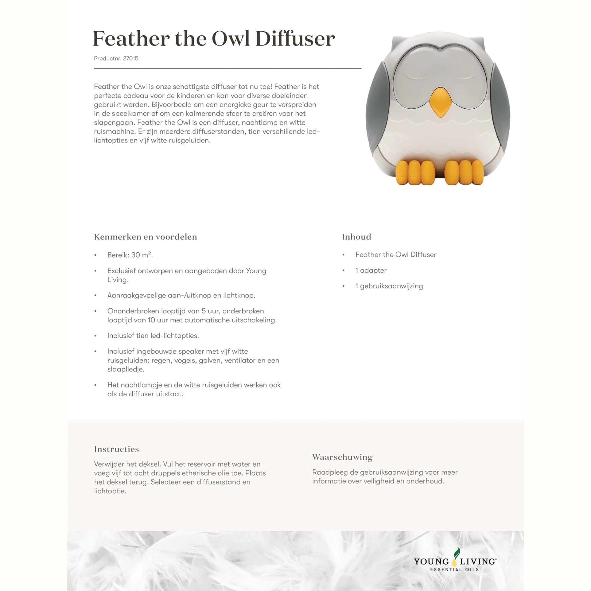De Feather de Uil diffuser helpt kinderen ontspannen en beter slapen, ideaal bij angsten en nachtmerries.