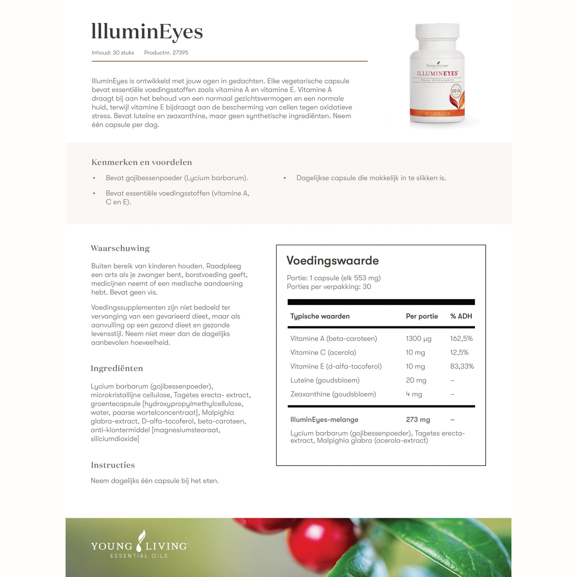 Infographic van Illumineyes met ingrediënten, werking en voordelen – bevat luteïne, zeaxanthine en antioxidanten voor optimaal zicht en celherstel.