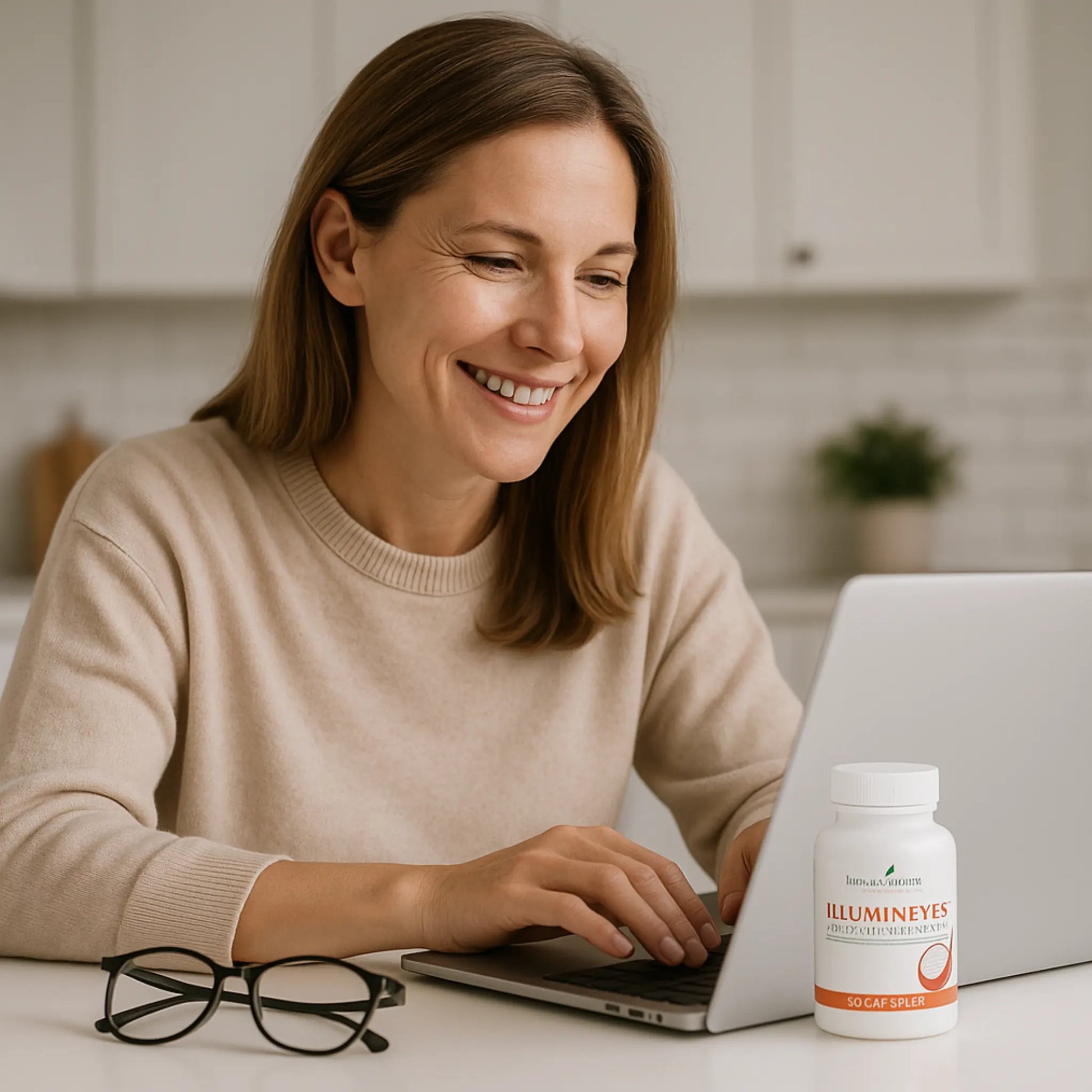 Vrouw werkt ontspannen op laptop met Illumineyes van Young Living – helpt het zicht ondersteunen bij schermgebruik en draagt bij aan het behoud van gezonde ogen zonder leesbril.