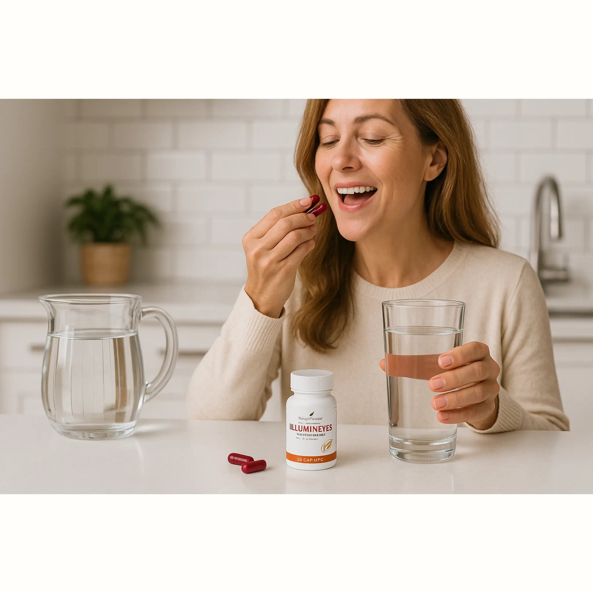 Vrouw neemt Young Living Illumineyes supplement met water – ondersteunt ooggezondheid, helpt beschermen tegen blauw licht en draagt bij aan DNA-herstel, behoud van zicht én mogelijk minder haarveroudering.