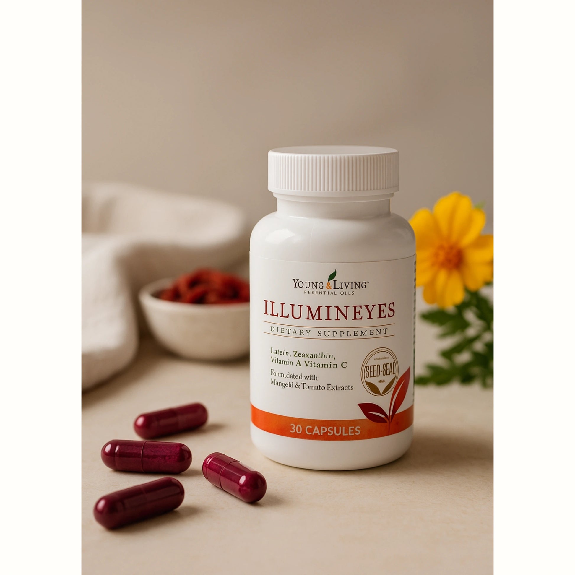 Young Living Illumineyes supplement in een lichte setting met capsules en natuurlijke accenten – ondersteunt ooggezondheid, zicht bij blauw licht en celherstel via antioxidanten.