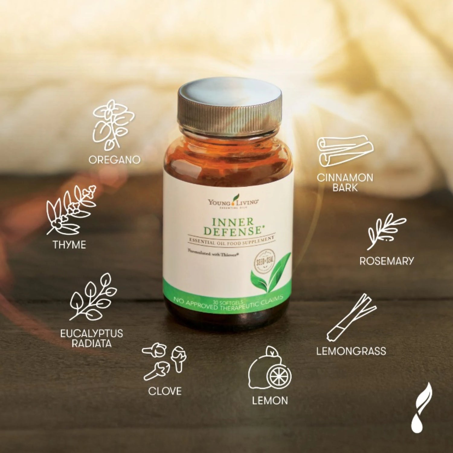 Inner Defense van Young Living met etherische oliën zoals oregano, tijm en citroen – ondersteunt het lichaam bij parasieten, virussen en het epstein-barr virus.