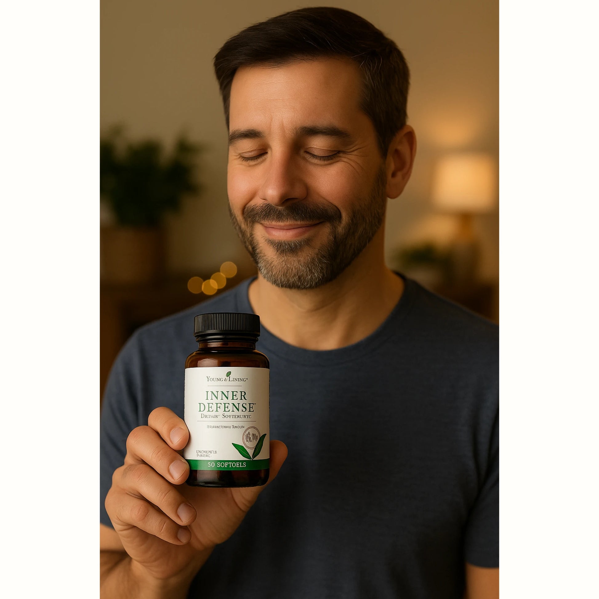 Man in moderne keuken houdt een potje Inner Defense van Young Living vast – ideaal voor weerstand, detox en ondersteuning bij virussen en parasieten zoals het Epstein-Barr-virus.