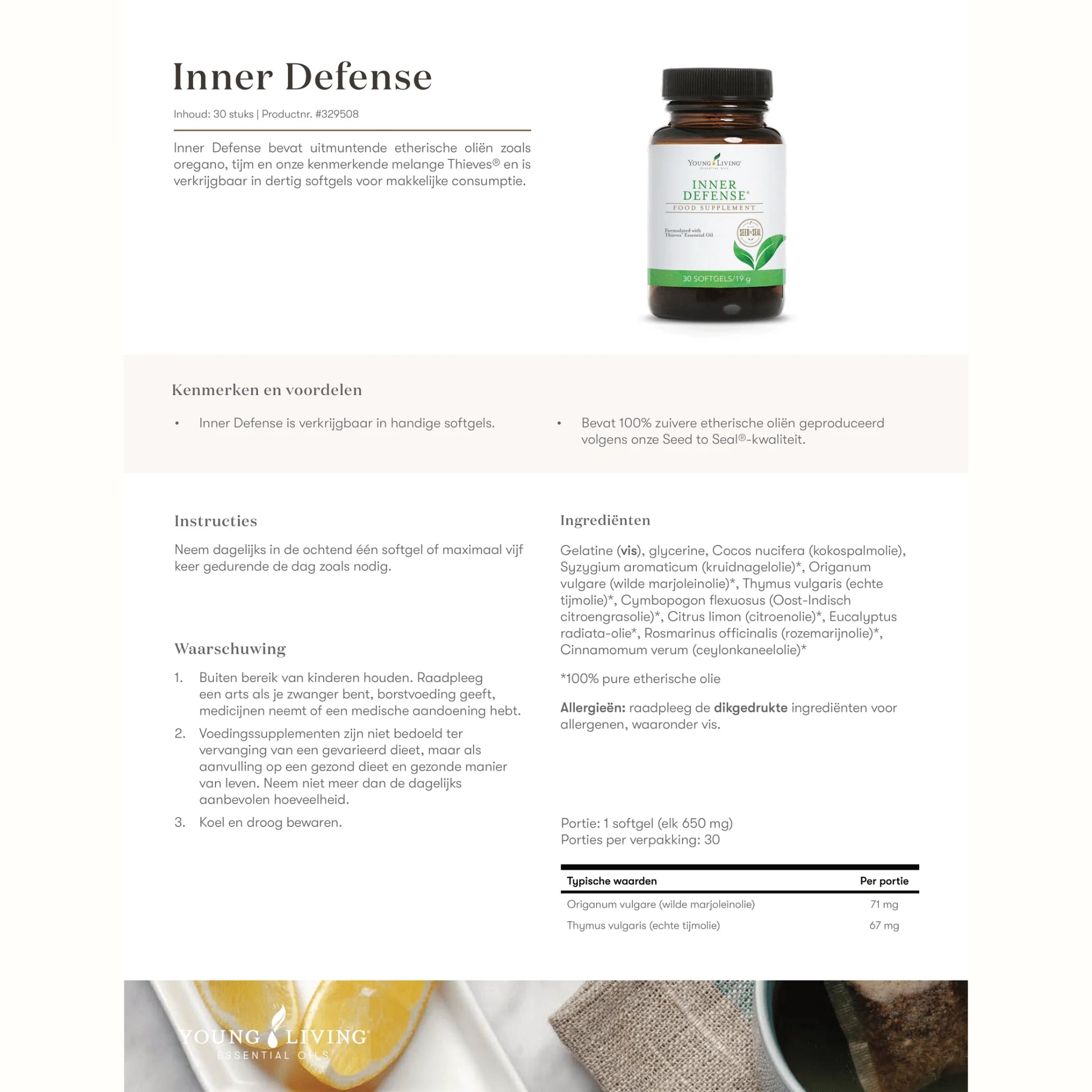 Inner Defense informatiefolder met ingrediëntenlijst – bevat krachtige oliën zoals tijm en oregano ter ondersteuning bij virussen en natuurlijke reiniging.