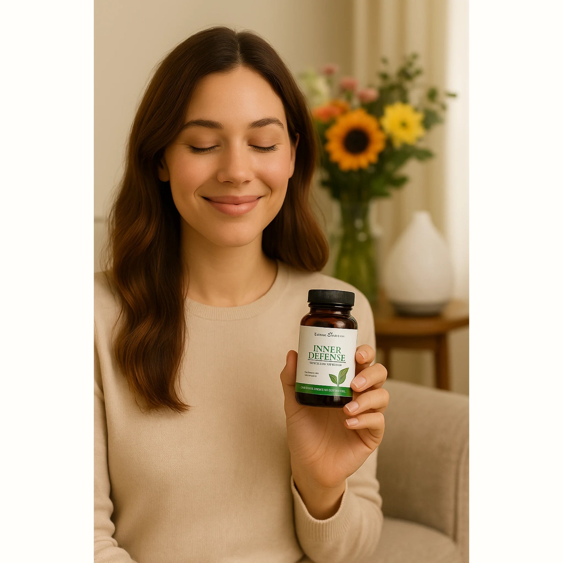 Jonge vrouw in rustige woonkamer met diffuser en bloemen houdt Inner Defense van Young Living vast – natuurlijke ondersteuning voor weerstand, reiniging en virussen zoals herpes en Epstein-Barr.