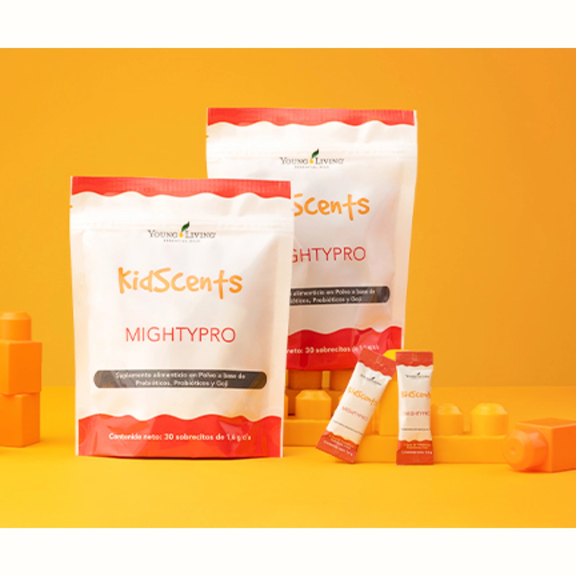 KidScents MightyPro op speelse oranje achtergrond – prebiotica en probiotica voor kinderen met astma, allergieën en darmproblemen.