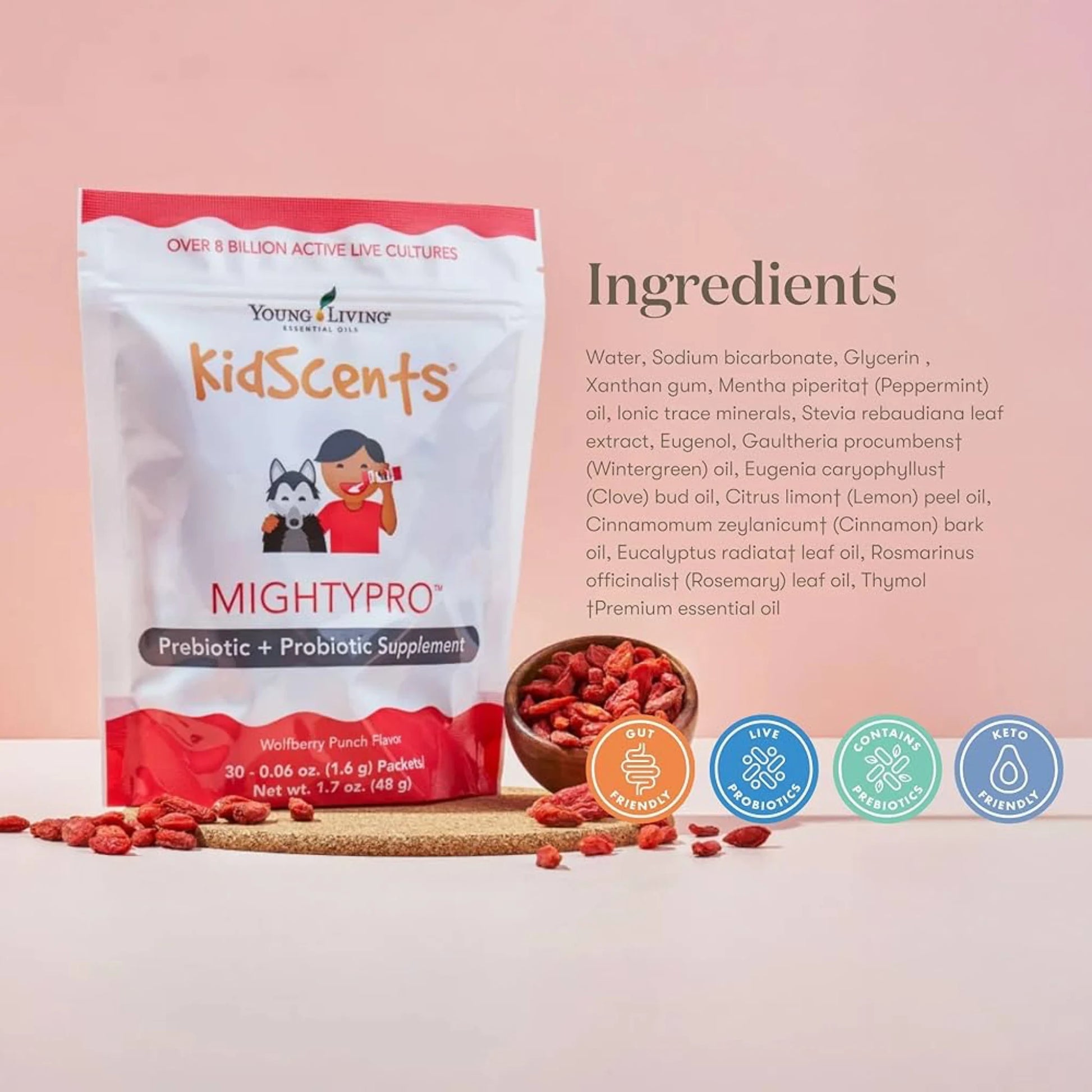 MightyPro ingrediëntenlijst met etherische oliën en wolfberry – ondersteunt gevoelige kinderen met HSP, darmgezondheid en weerstand.