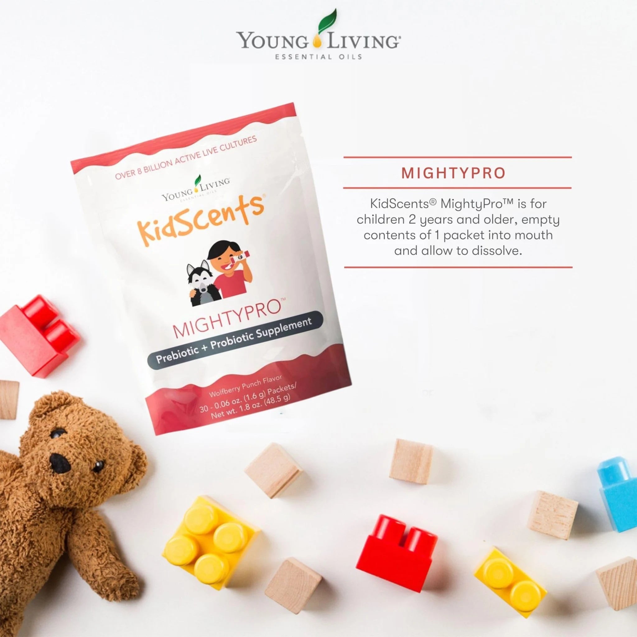 KidScents MightyPro van Young Living met speelgoed – probiotica voor kinderen met allergieën, eczeem of HSP, ondersteunt darmflora en weerstand.