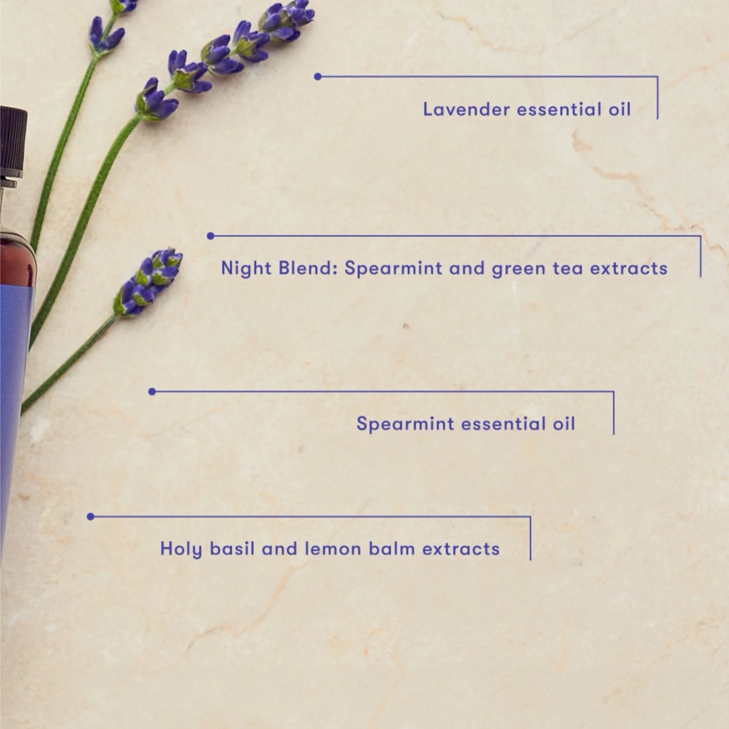 Ingrediënten Deep Night Essence: lavendelolie, spearmint, citroenmelisse en heilige basilicum – ideaal voor diepe ontspanning.