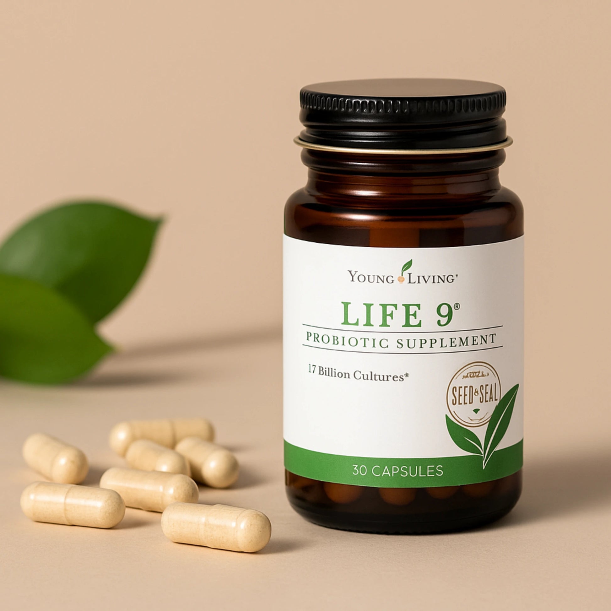 Life 9 probiotica supplement van Young Living, ondersteunt darmgezondheid, spijsvertering en natuurlijke weerstand met 17 miljard actieve culturen.