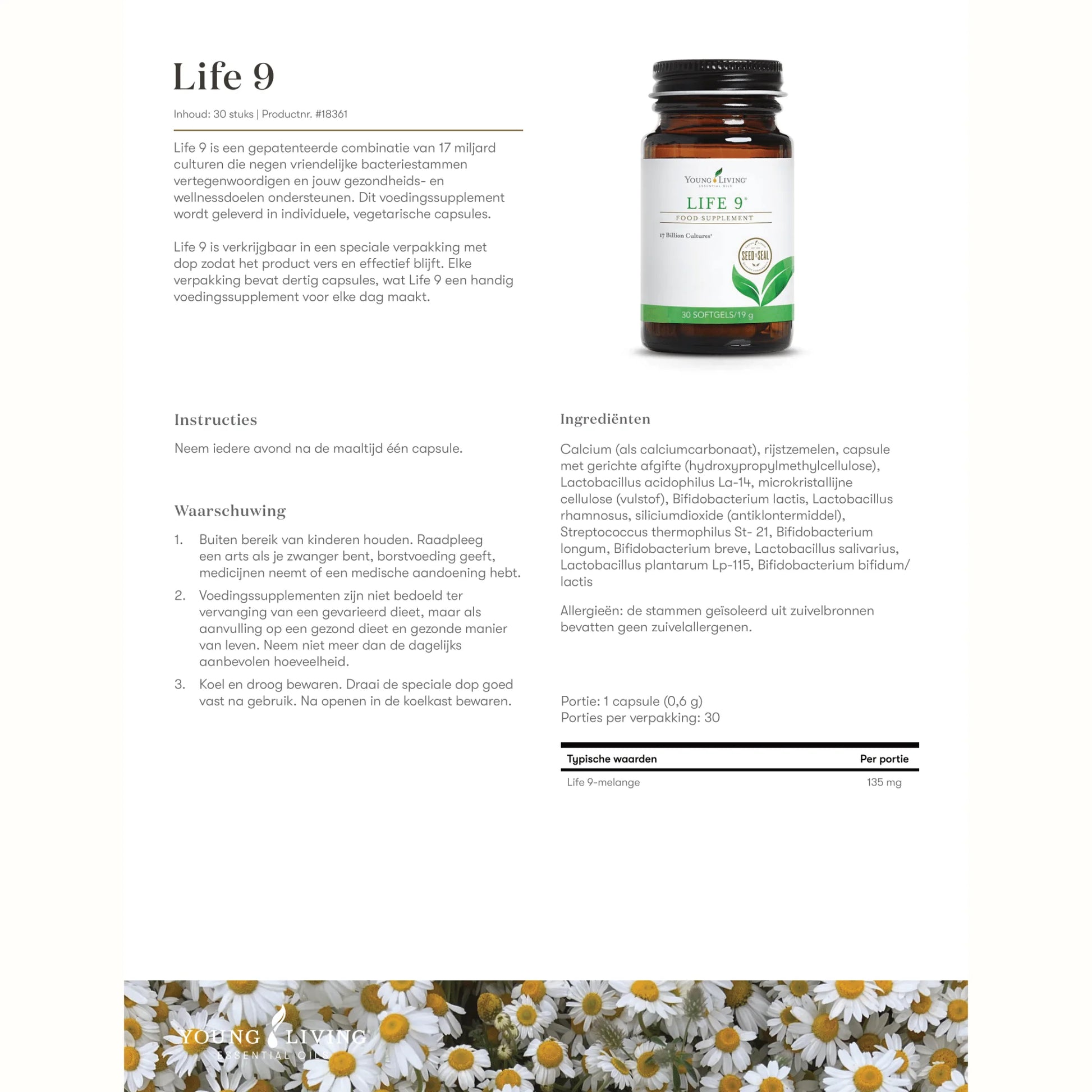 Overzicht van ingrediënten en instructies van Life 9 – probiotica met 9 bacteriestammen, ideaal voor darmgezondheid, colitis en spijsverteringsondersteuning.