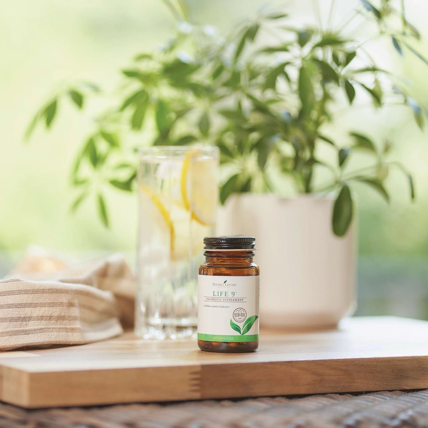 Life 9 probiotisch supplement op tafel met citroenwater – ondersteunt gezonde bacteriën in de darmen, weerstand en spijsvertering op natuurlijke basis.