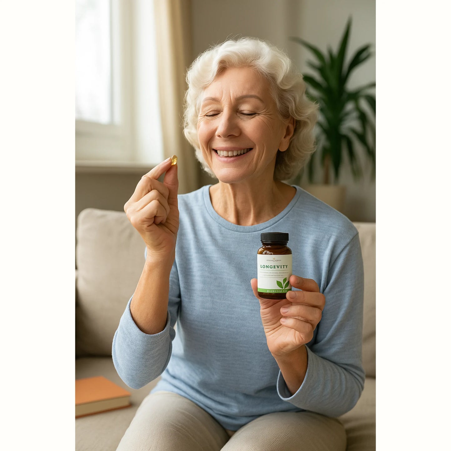 Vrouw van 65+ glimlacht terwijl ze een softgel en een potje Longevity van Young Living vasthoudt – ondersteunt vitaliteit, gezond ouder worden en een actieve levensstijl.