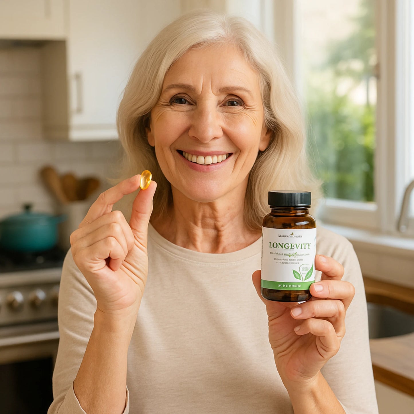 Vrouw van 65+ zit ontspannen op de bank en houdt een Longevity softgel en potje vast – natuurlijke ondersteuning voor gezond ouder worden en vitaliteit.