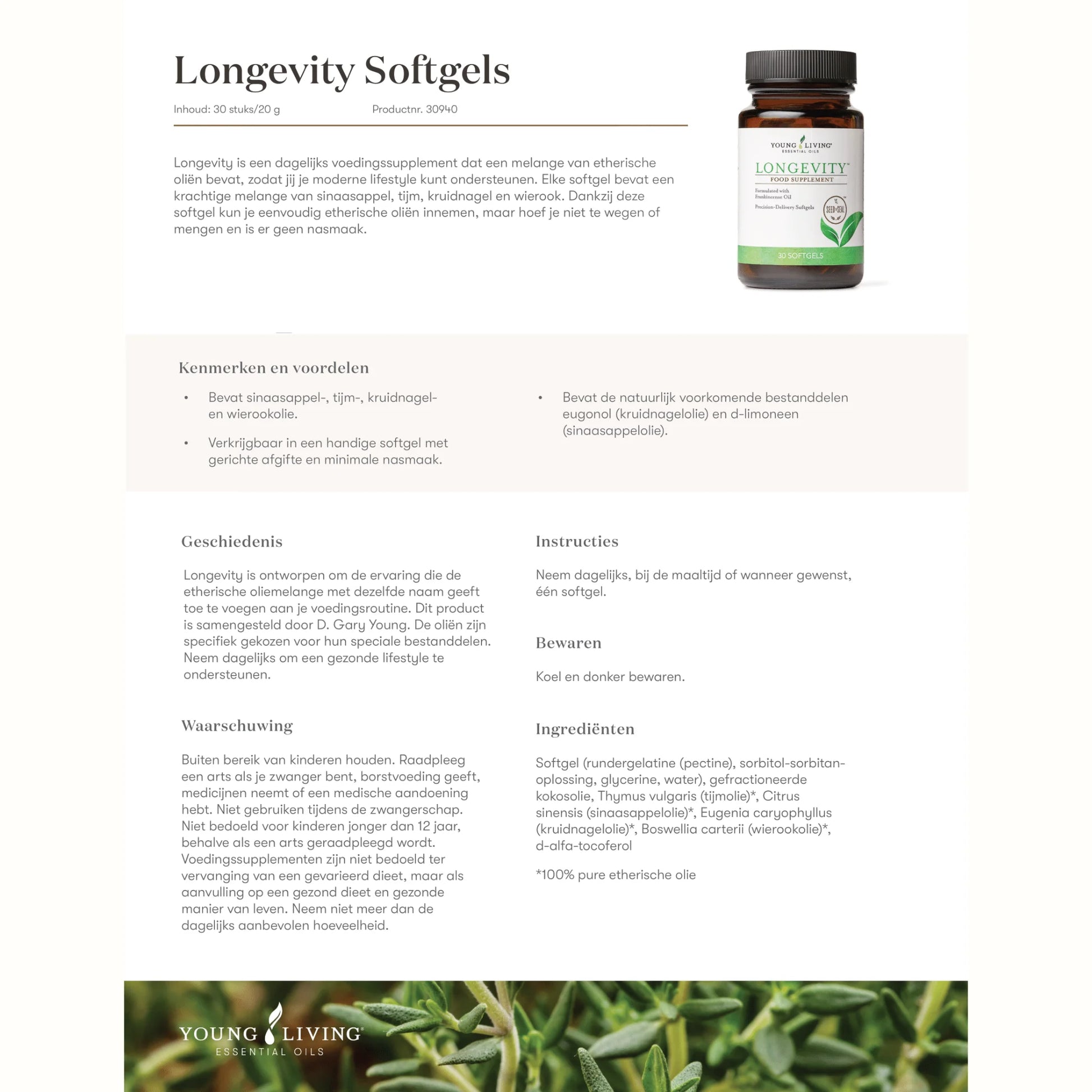 Informatieve productfiche van Young Living Longevity Softgels – supplement met etherische oliën voor 65+ en ondersteuning bij gezond ouder worden.