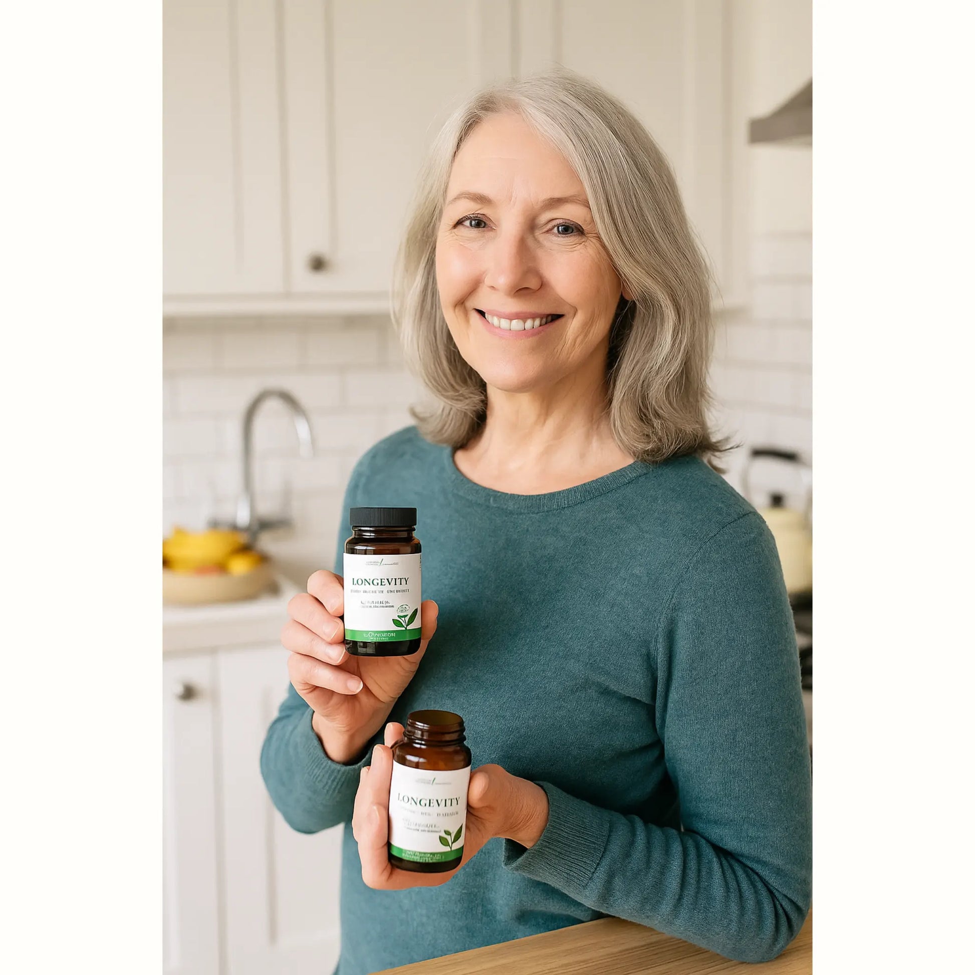 Vrouw in moderne keuken met twee potjes Longevity van Young Living – ideale dagelijkse aanvulling voor een gezonde en actieve levensstijl vanaf 50+.