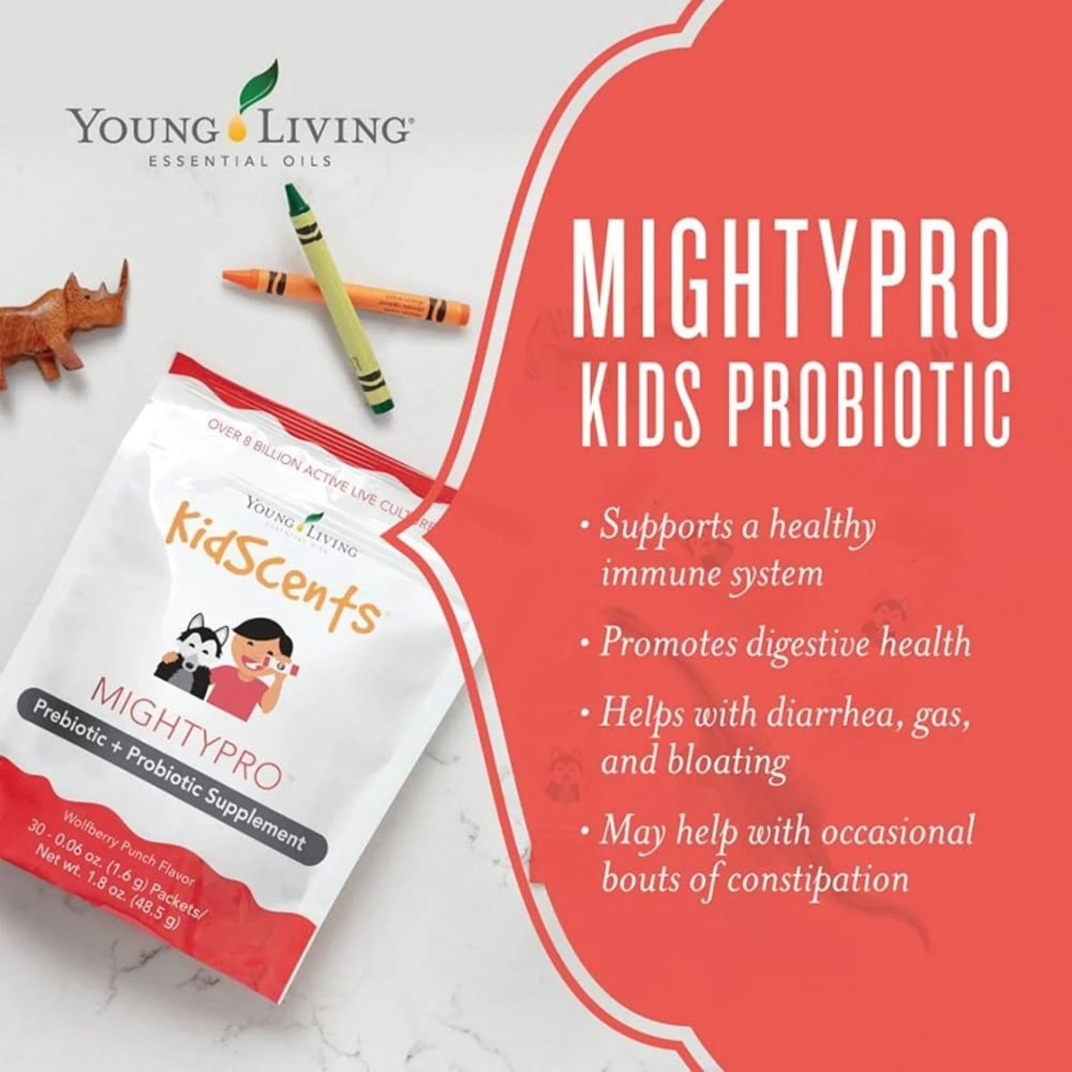 MightyPro probiotica voor kinderen – bevordert darmgezondheid en helpt bij gasvorming, ADHD en een sterker immuunsysteem.