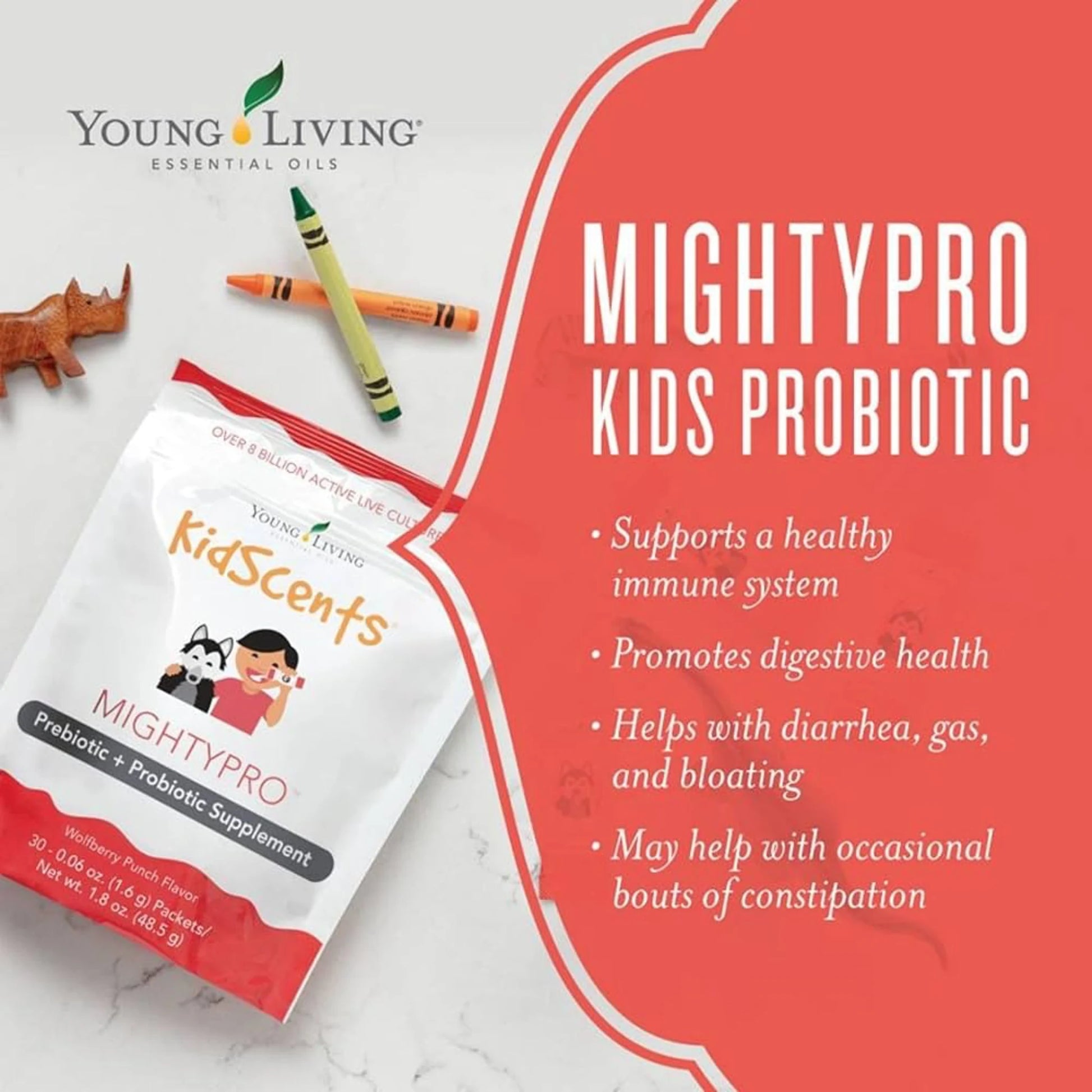 MightyPro probiotica voor kinderen – bevordert darmgezondheid en helpt bij gasvorming, ADHD en een sterker immuunsysteem.