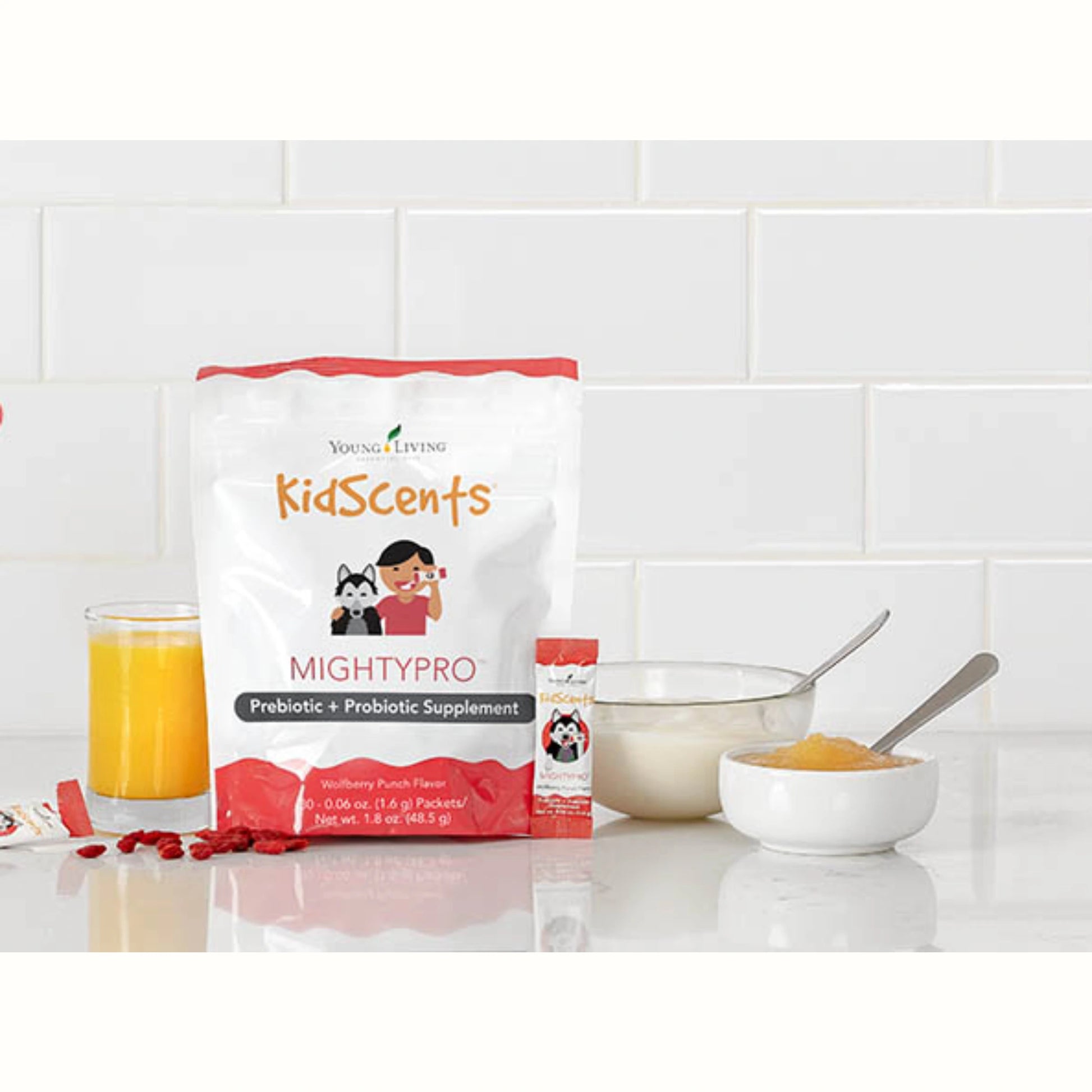 MightyPro tijdens het ontbijt – probiotisch supplement voor kinderen ter ondersteuning van eczeem, ADHD en een gezonde darmflora.
