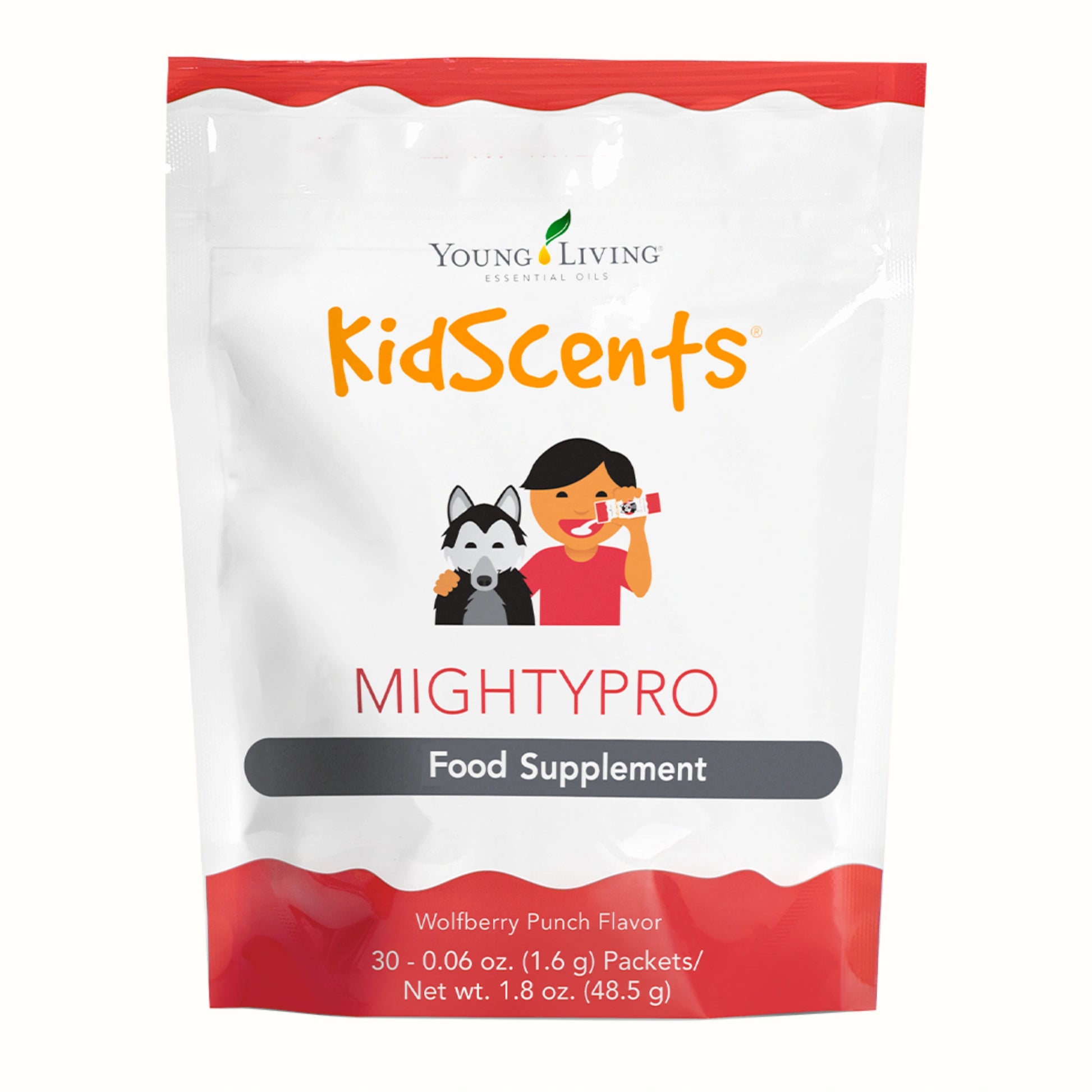 Packshot van KidScents MightyPro – wolfberry punch smaak, voor een sterke darmflora en een gezonde weerstand bij kinderen.
