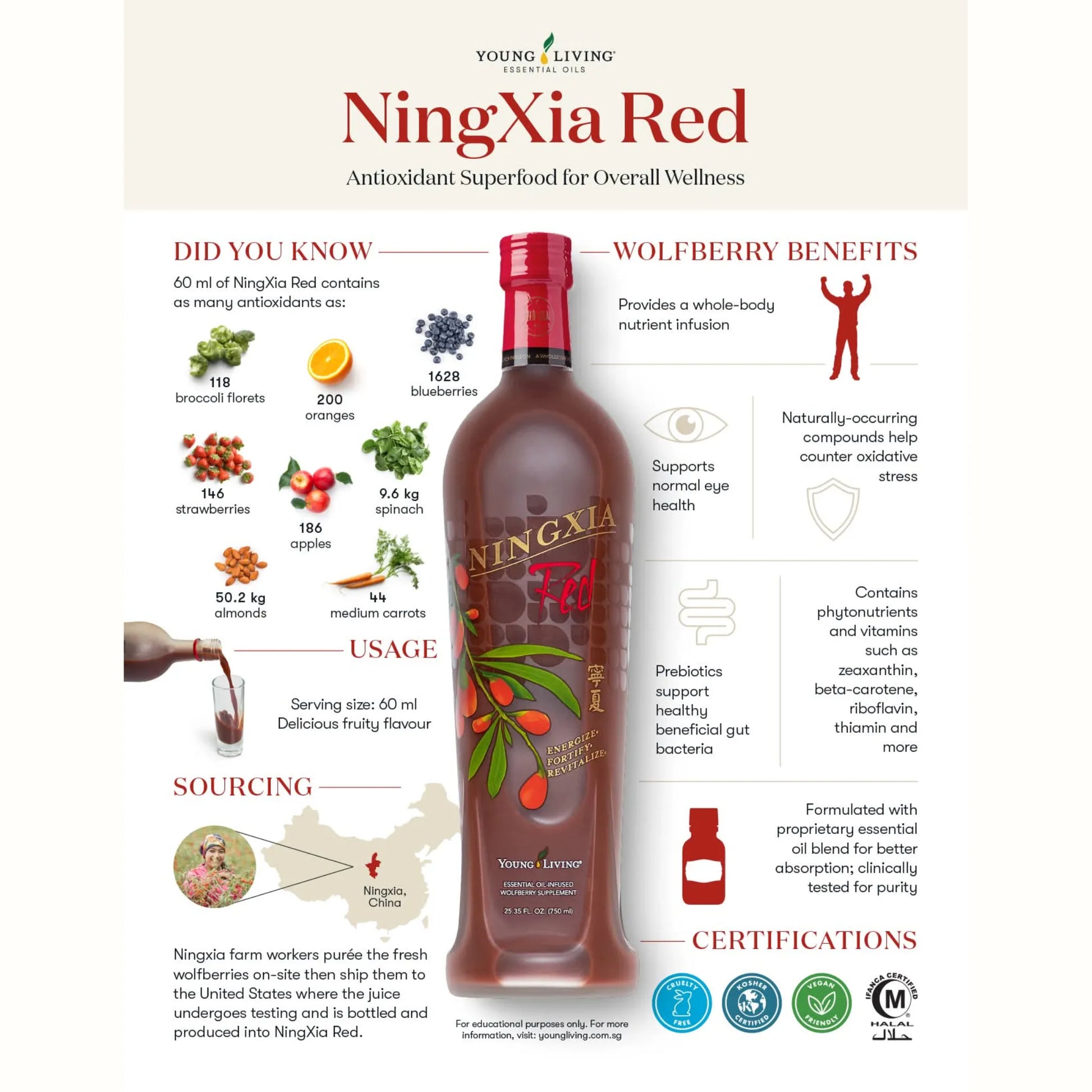 Infographic van NingXia Red: krachtige antioxidant superfood met wolfberry (gojibes), ondersteunt energie, ooggezondheid en spijsvertering – rijk aan vitamines en fytonutriënten, ideaal als natuurlijke health booster starterbundel.