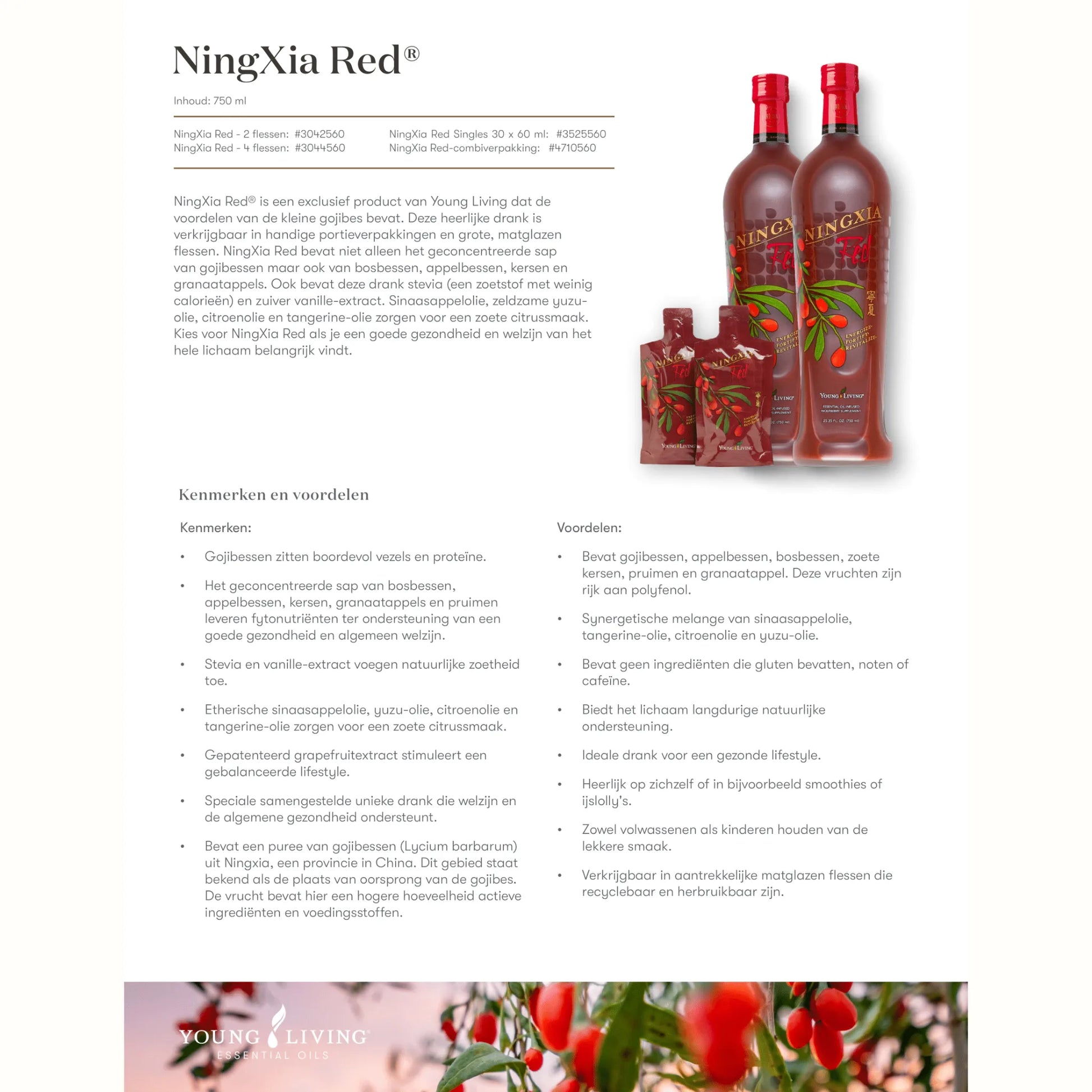 Informatieve productfiche van NingXia Red – Young Living's superfooddrank met gojibessen, bessen, kersen en essentiële oliën; boordevol antioxidanten, vezels en natuurlijke energie voor dagelijkse ondersteuning en welzijn.