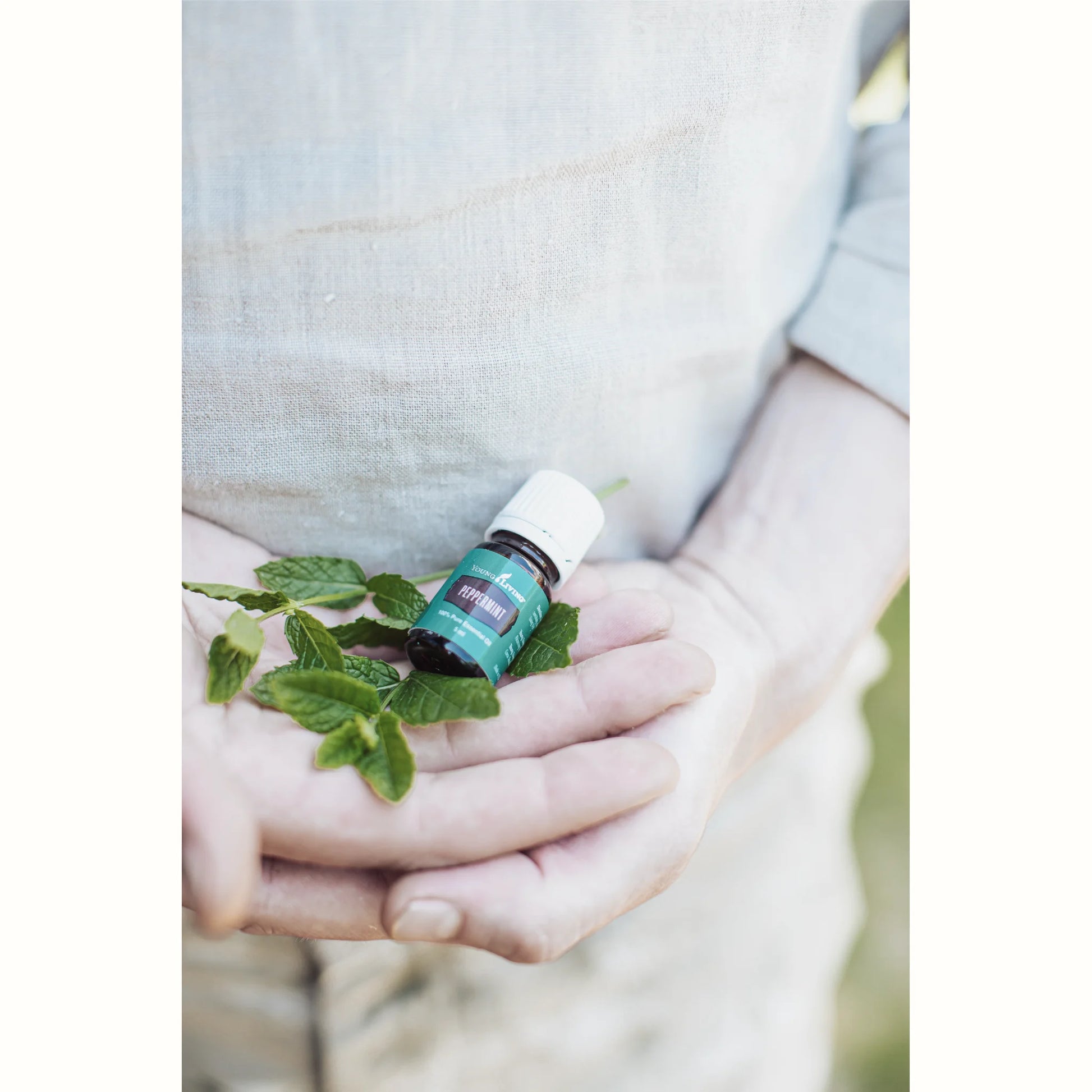 Flesje Peppermint olie van Young Living rustend in handen met verse muntblaadjes – ideaal bij vermoeidheid, spanningshoofdpijn, misselijkheid of voor een opwekkend moment van focus.