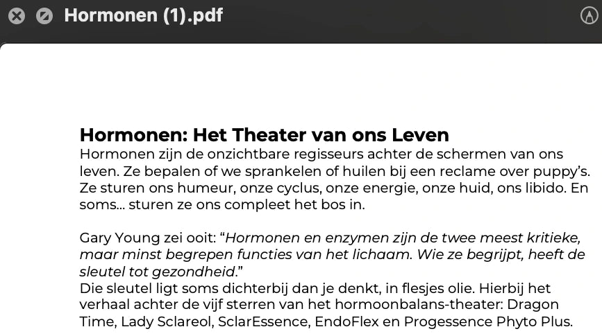 Introductiepagina van de gids 'Hormonen: Het Theater van ons Leven' van Suzanne Shares – met uitleg over de rol van hormonen en de kracht van essentiële oliën zoals EndoFlex en Progessence Phyto Plus voor vrouwelijke balans.