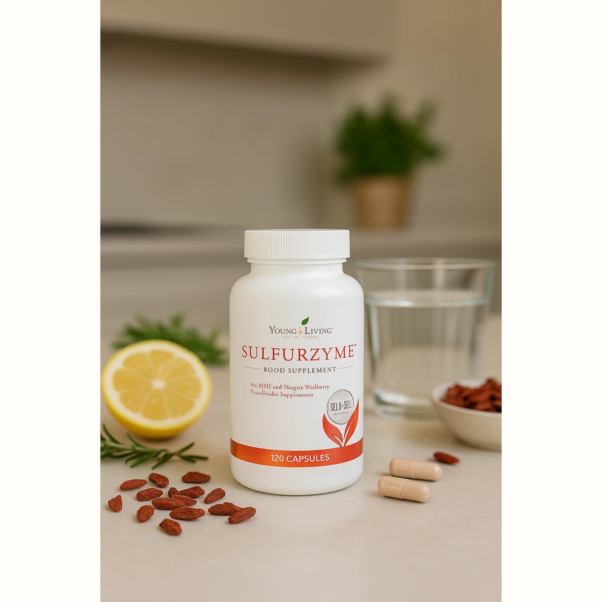 Fles Sulfurzyme met citroen, water en gojibessen – krachtige formule voor detox, energie en gewrichtsverzorging.