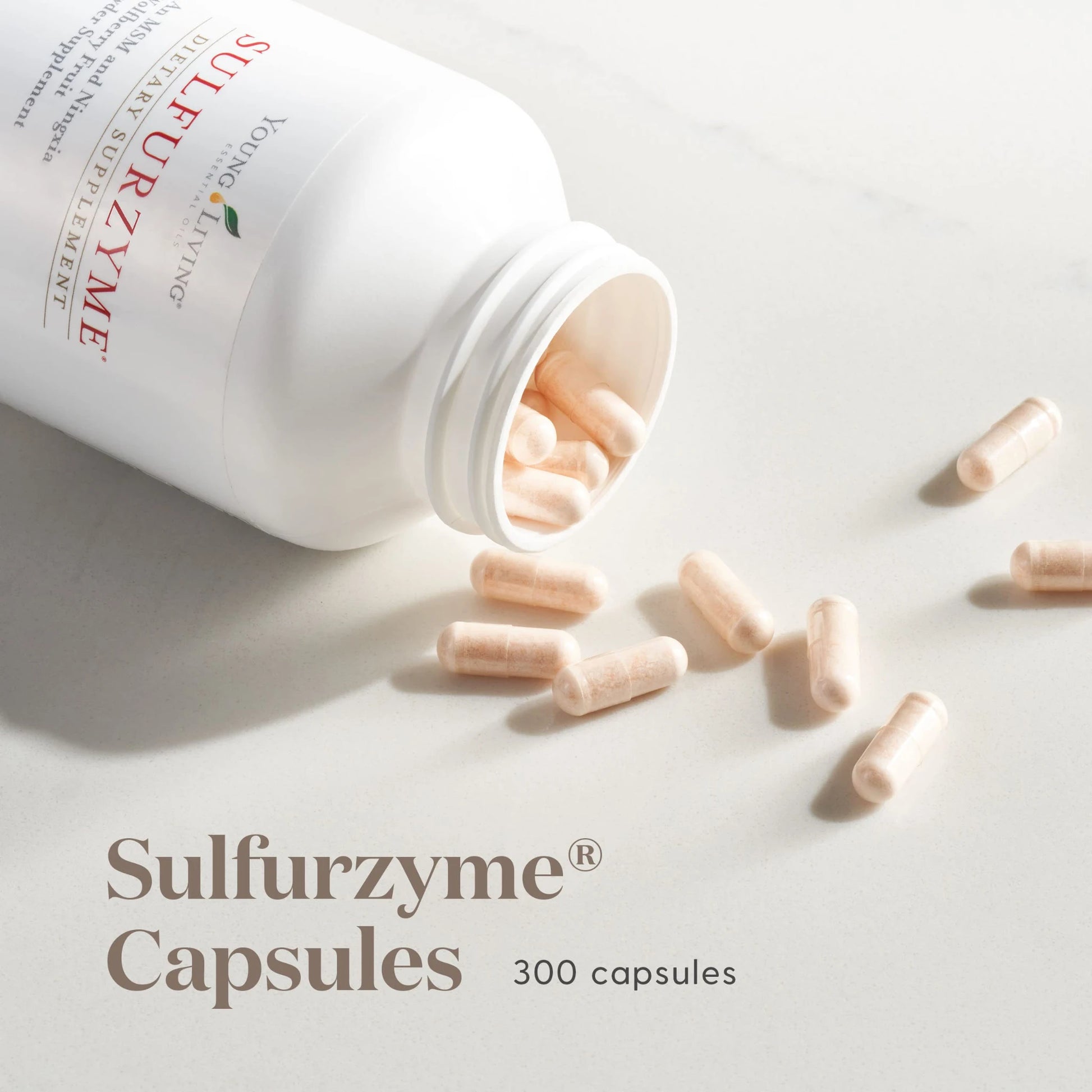 Open fles Sulfurzyme met capsules – ondersteunt het lichaam bij vermoeidheid, pijnlijke gewrichten en gezonde energieproductie.