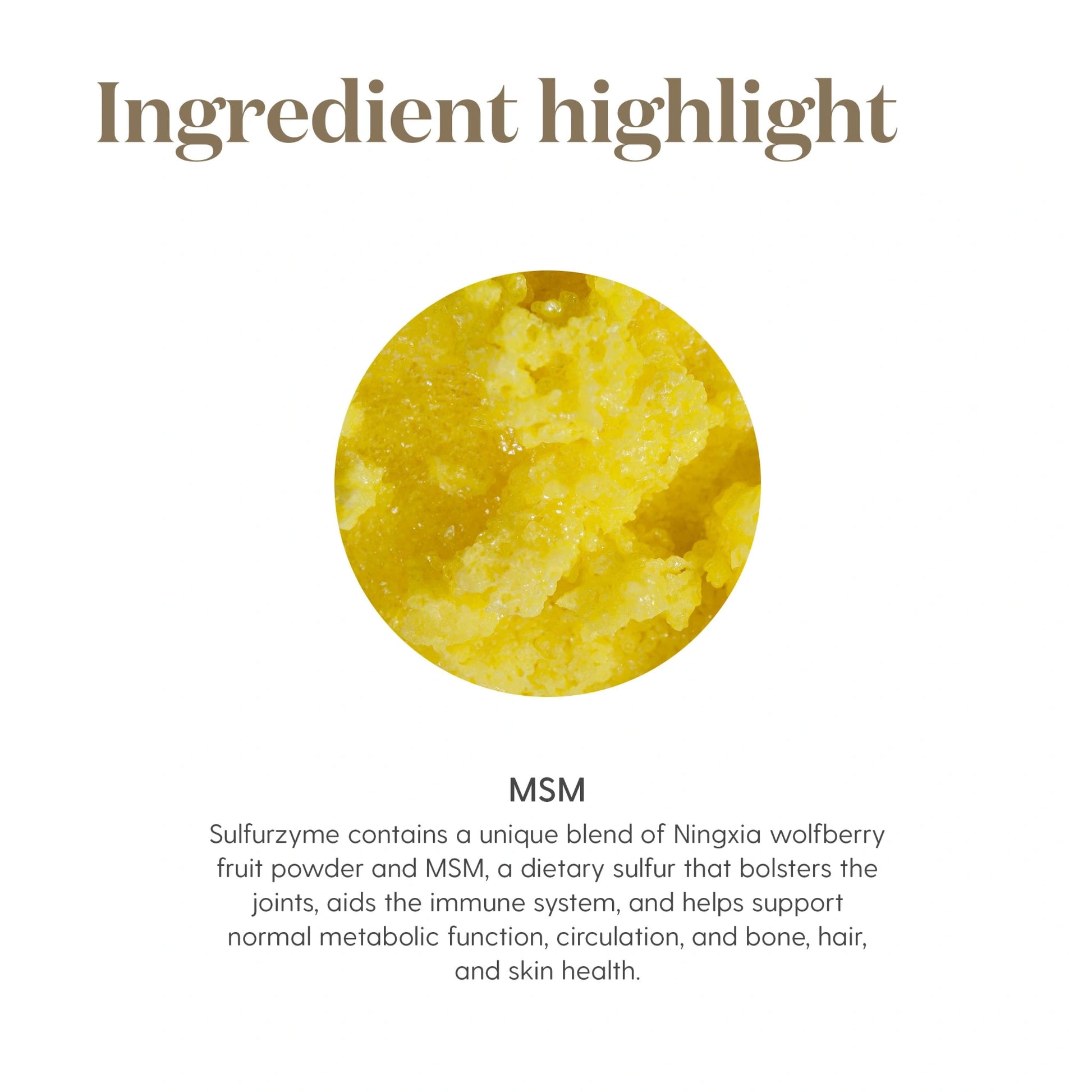 Close-up van MSM – belangrijk actief ingrediënt in Sulfurzyme, helpt bij haaruitval, botgezondheid, huidverzorging en energiehuishouding.