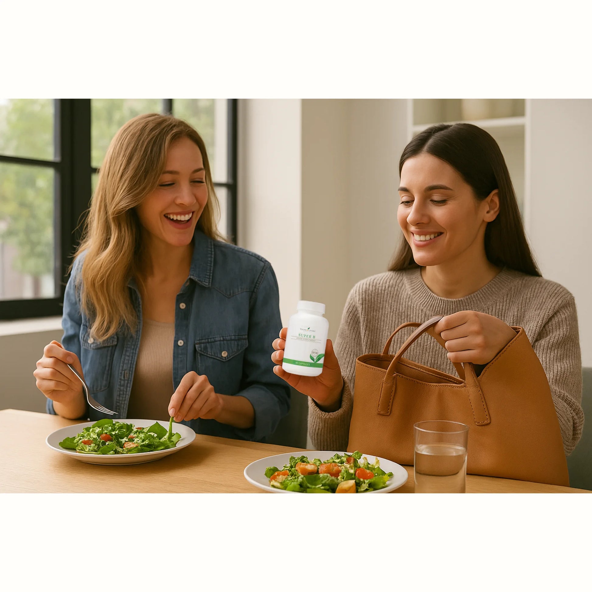 Twee vrouwen lunchen gezond terwijl één van hen Super B toont – krachtige mix van B-vitamines, mangaan en folaten voor dagelijkse energie en cognitieve ondersteuning.