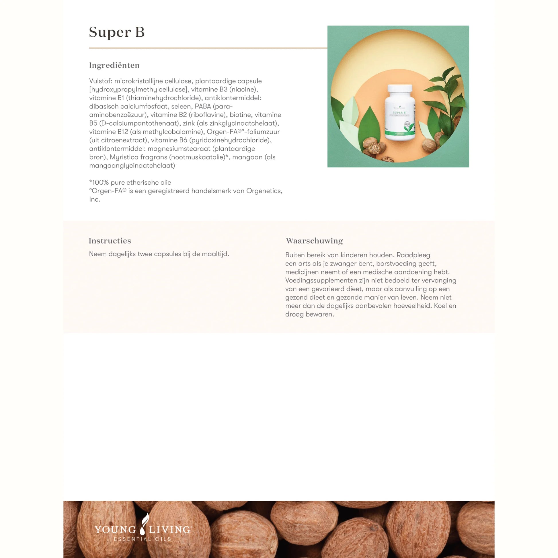 Super B van Young Living – krachtig B-complex supplement met foliumzuur, B12 en nootmuskaatolie ter ondersteuning van energie, cognitieve helderheid, weerstand en schildklierfunctie bij burn-out of langdurige vermoeidheid.